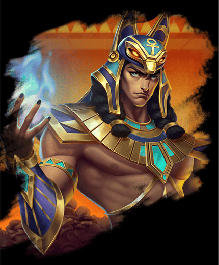 戰神賽特角色半身圖，身披金藍戰甲、舉手召喚神焰