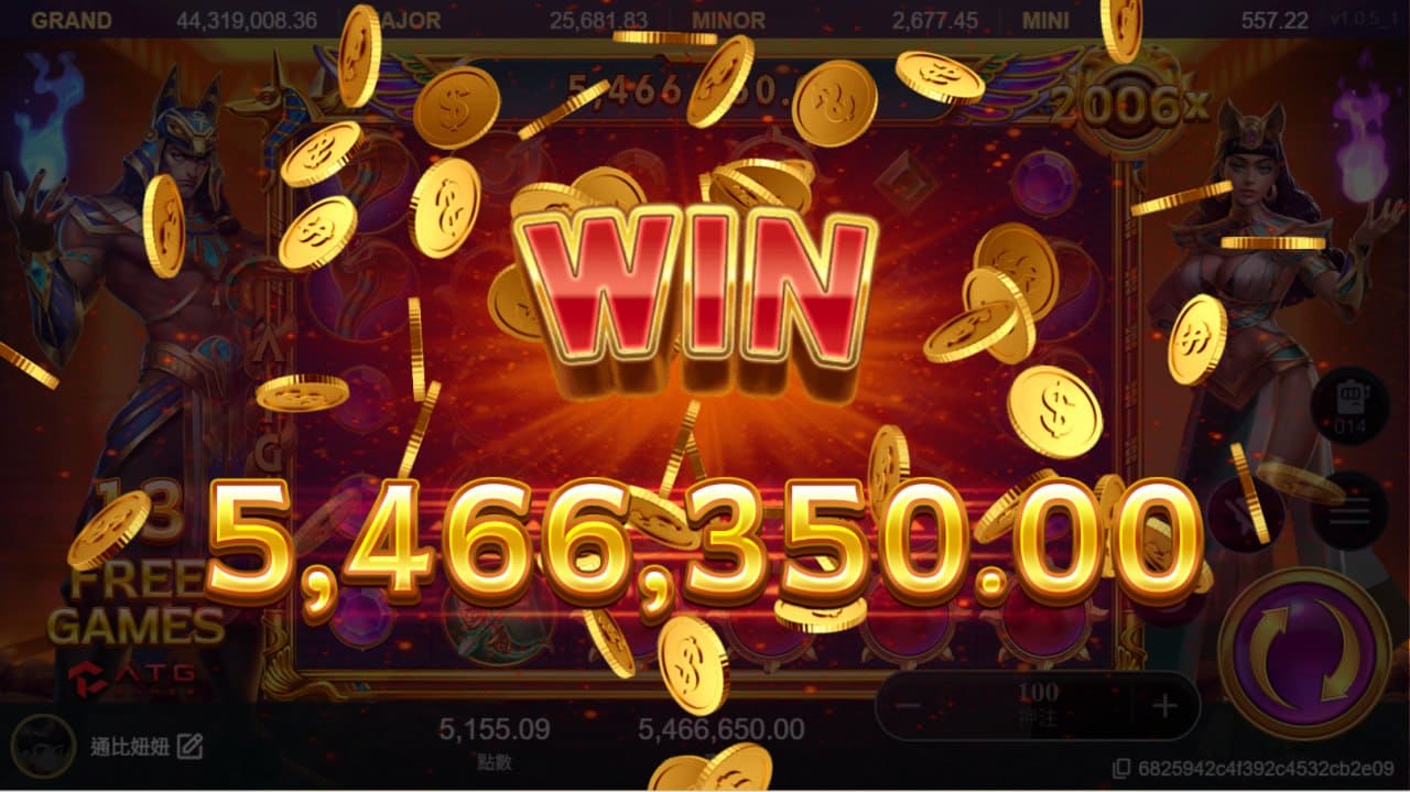 戰神賽特2遊戲畫面，爆金特效顯示WIN與金幣飛散